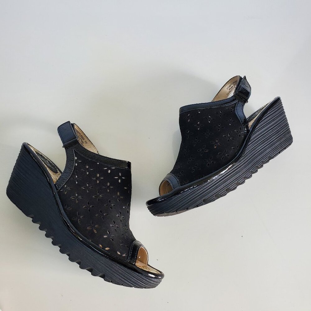 Fly London Black Perforated Leather Wedge Sandals